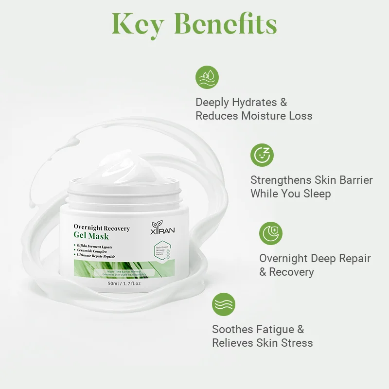 Xiran Overnight Recovery Gel Mask with benefits including hydration, strengthening skin barrier, deep repair, and stress relief.